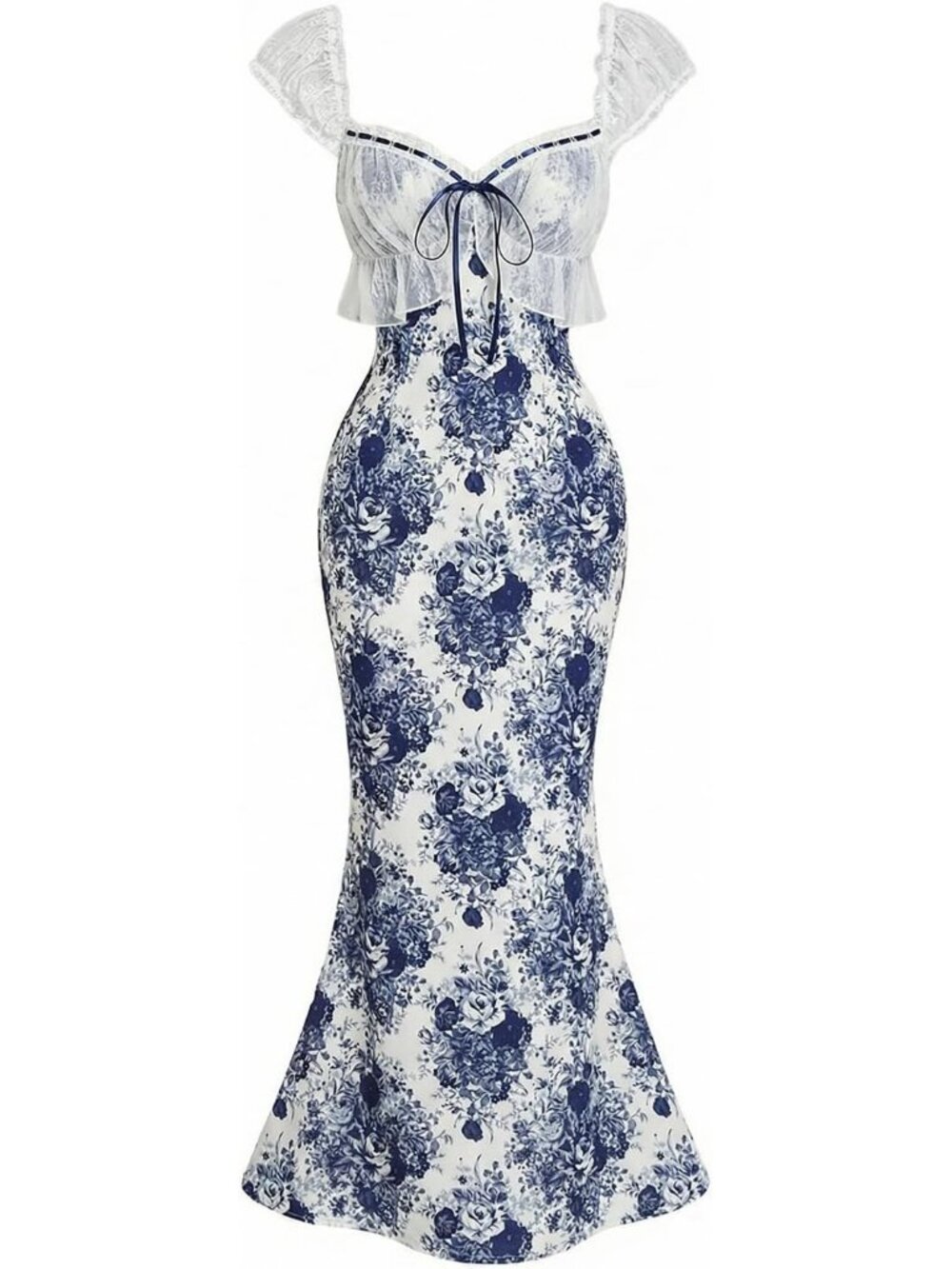 Blue/White Floral Maxi Dress Sweetheart Neckline Boho Wedding Guest Tea Party